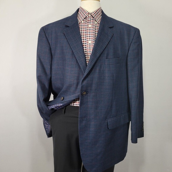 Oak Hill Mens Sport Coat‎ Blazer Two Button Navy Burgundy Checked 2XL 50R/52R